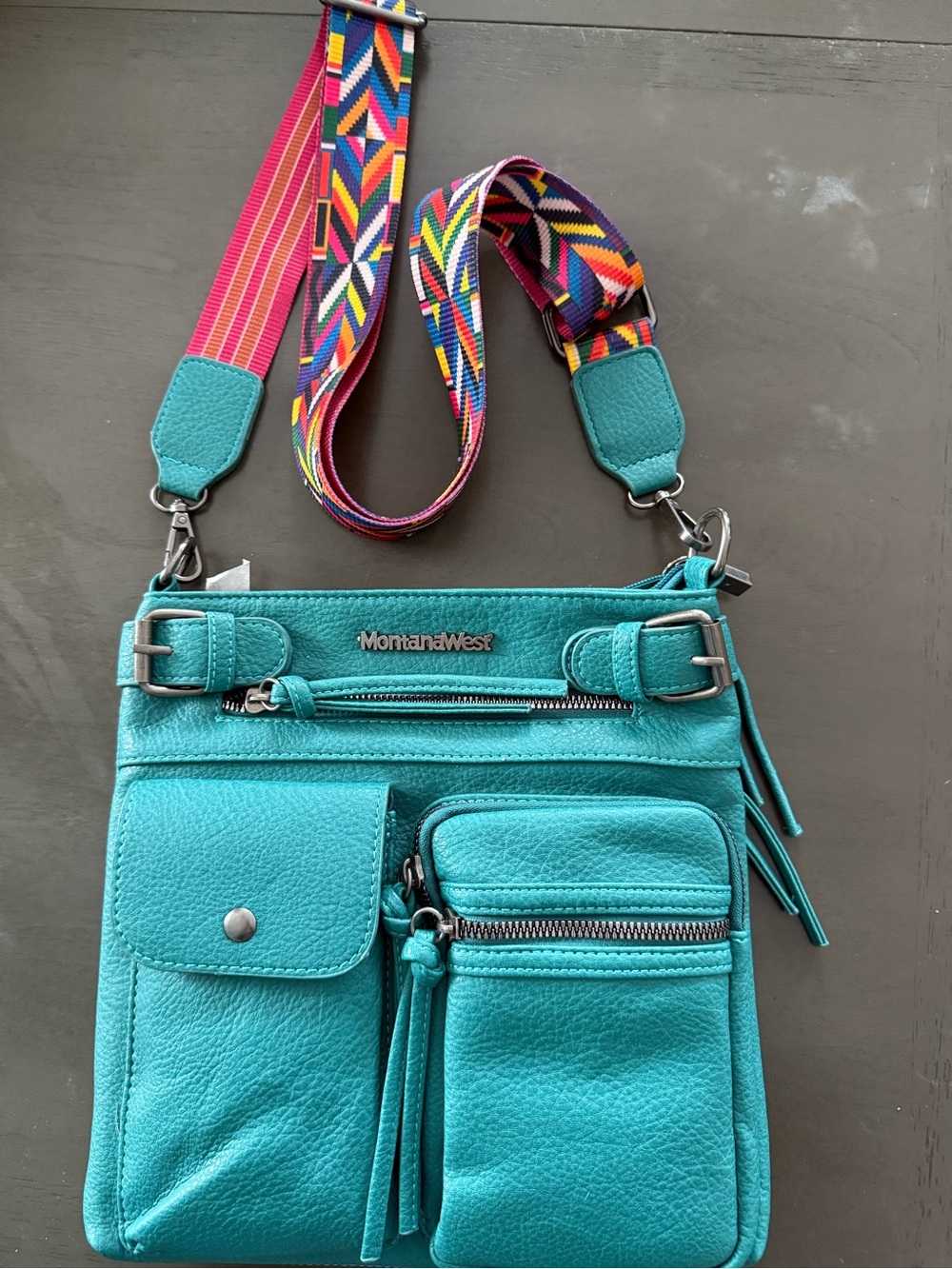 Montana West Teal Crossbody with Colorful Geometric Strap